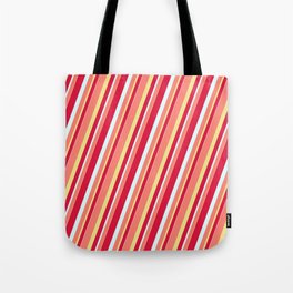 [ Thumbnail: Crimson, Light Cyan, Salmon & Tan Colored Stripes Pattern Tote Bag ]