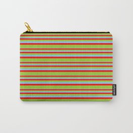 [ Thumbnail: Light Sky Blue, Red & Green Colored Lines/Stripes Pattern Carry-All Pouch ]