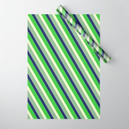 [ Thumbnail: Light Yellow, Dark Sea Green, Midnight Blue & Lime Green Colored Lined Pattern Wrapping Paper ]
