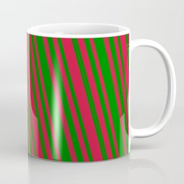 [ Thumbnail: Green and Crimson Colored Lined/Striped Pattern Coffee Mug ]