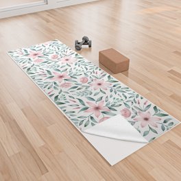 Watercolor pink flowers and leaves  Yoga Towel