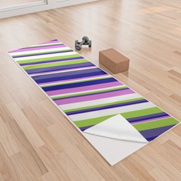 [ Thumbnail: Colorful Green, Dark Slate Blue, Blue, Orchid, and White Colored Stripes Pattern Yoga Towel ]