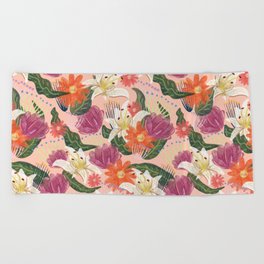 peach watercolor floral pattern Beach Towel