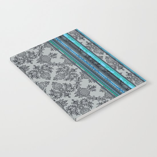 Teal, Aqua & Grey Vintage Bohemian Wallpaper Stripes Notebook