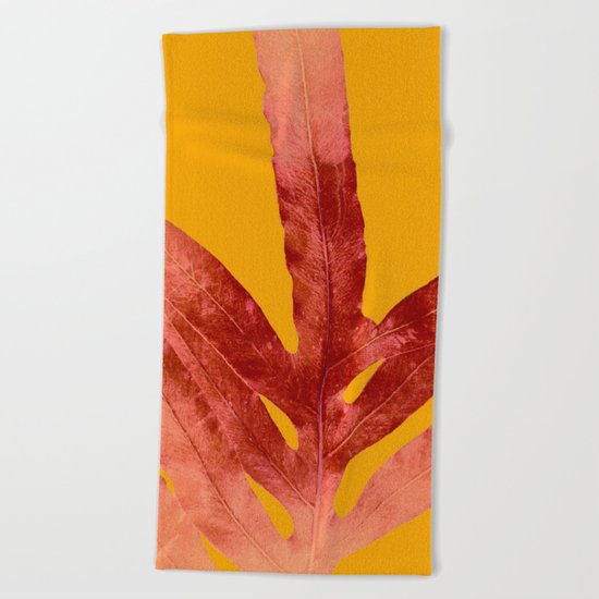 Green Fern on Red On Fire Beach Towel
