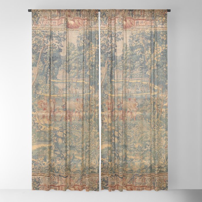 Antique 17th Century French Hunting Tapestry Sheer Curtain by Archipelago Society6