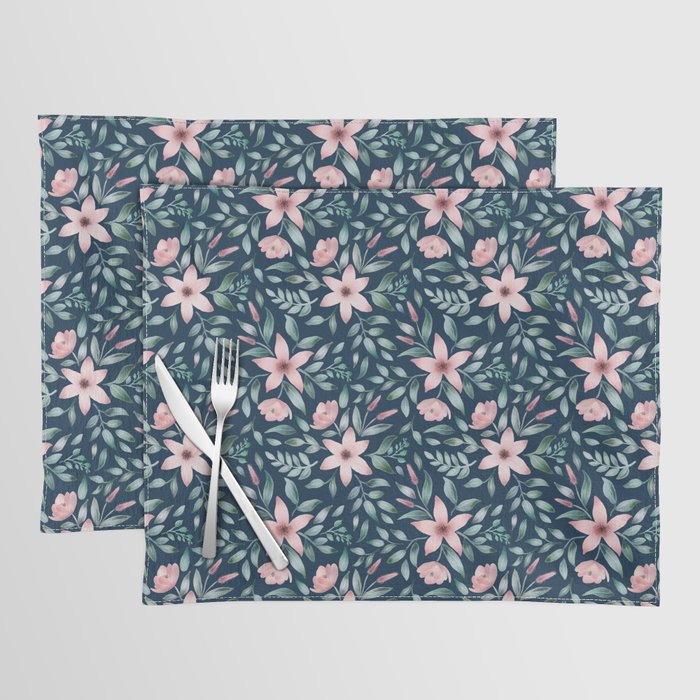 Watercolor pink flowers and leaves dark version Placemat