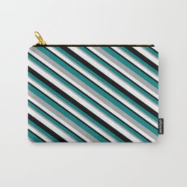 [ Thumbnail: Teal, Dark Grey, White, and Black Colored Lines/Stripes Pattern Carry-All Pouch ]