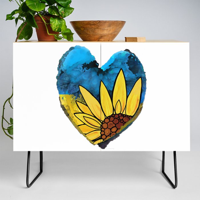 Blue And Yellow Floral Art Sunflower Flower Love  Credenza