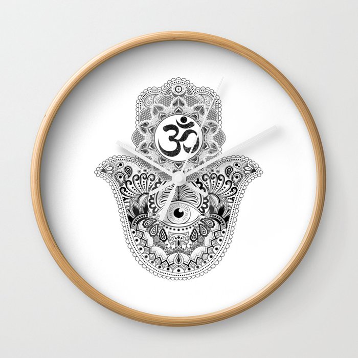 Fatimas Hamsa Hand Symbol with Om Sign Mandala Wall Clock