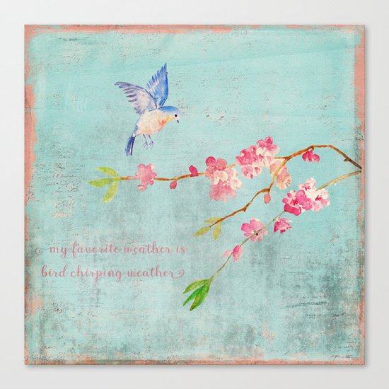 My favorite weather - Romantic Birds Cherryblossoms and Spring Typography on aqua Canvas Print