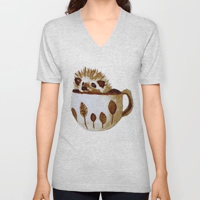 Hedgehog in a Cup Painted with Coffee V Neck T Shirt