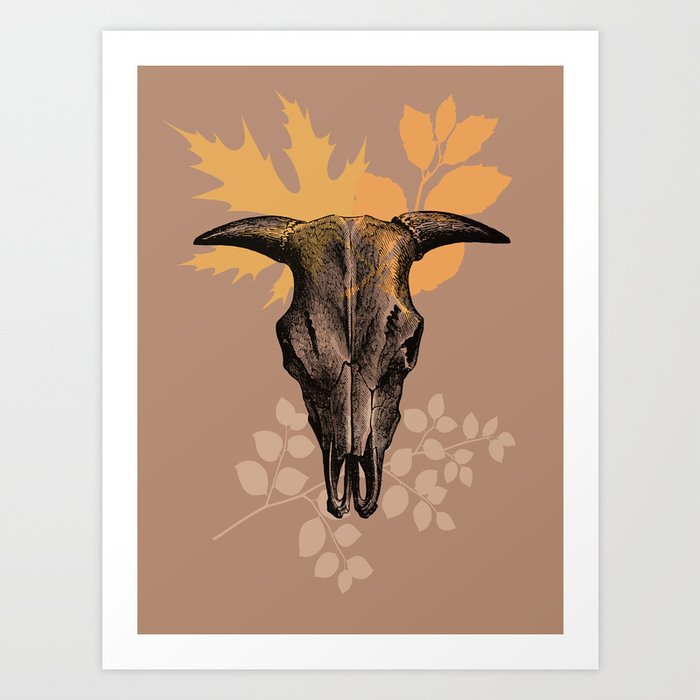 Bull Floral Skull with Fall Leaves  Art Print