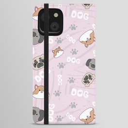 Violet pattern with cute, funny happy dogs. Paws prints, text and pets background for children. iPhone Wallet Case