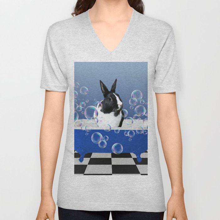 Black & white Bunny Rabbit Bathtub with Soap Bubbles V Neck T Shirt