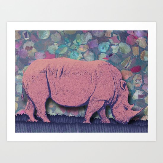 Pink Rhinoceros Collage Art Print