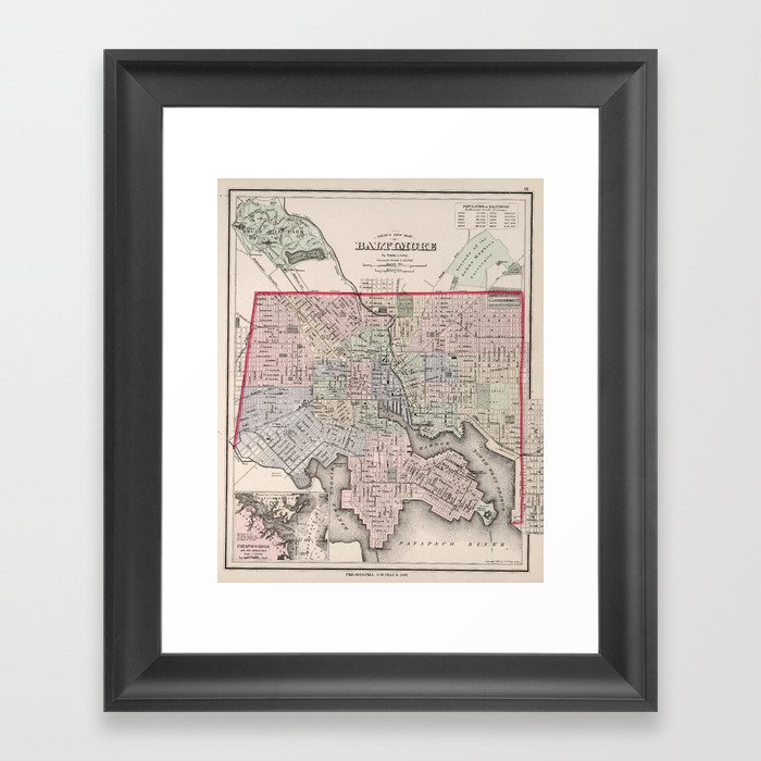 Vintage Map of Baltimore MD (1876) Framed Art Print