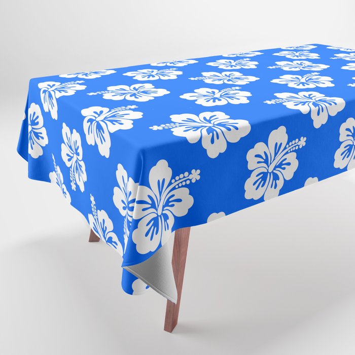 Bright Blue and White Hibiscus Pattern Tablecloth
