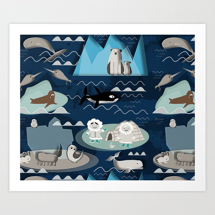 Arctic animals blue Art Print