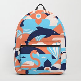 Seamless tropical sea of flamingo, pelican, dolphin Backpack