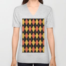Salmon Orange And Yellow Argyle Pattern Diamond Geometrical Quilt Knit Sweater Tartan  V Neck T Shirt