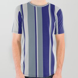 [ Thumbnail: Light Slate Gray, Midnight Blue, and Light Gray Colored Lines Pattern All Over Graphic Tee ]