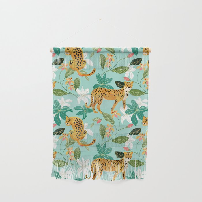 Cheetah Jungle, Wildlife Nature Wild Cats Tigers Leopard Botanical Animals Mint Quirky Illustration Wall Hanging