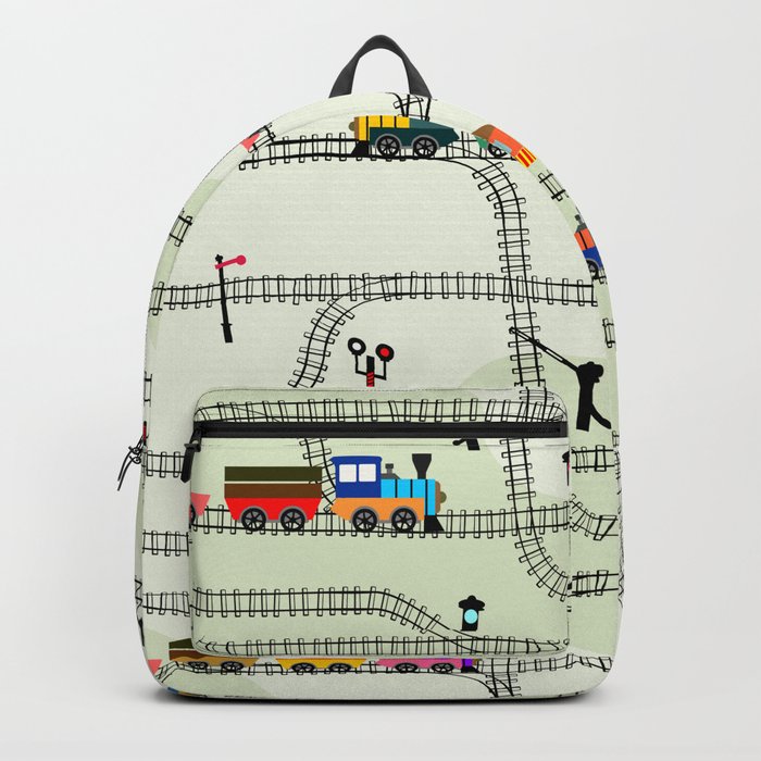 Funny kids seamless pattern railway with locomotives, wagons, semaphores. Turnpikes Backpack