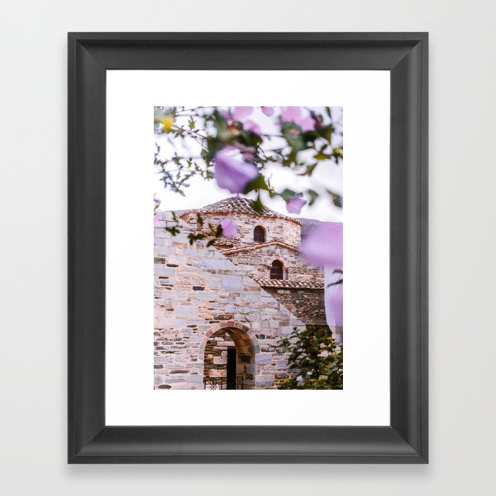 Greek Church through the Flowers | Bright Brick Chapel on the Greece Islands | Travel Photography Fine Art Framed Art Print