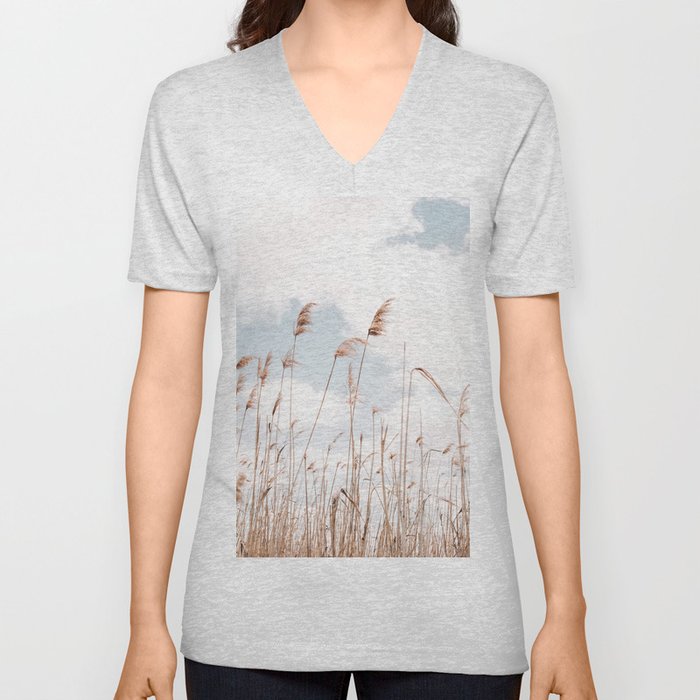 Pampas Grass Blue Sky V Neck T Shirt