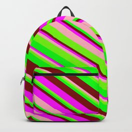 [ Thumbnail: Vibrant Fuchsia, Light Pink, Green, Lime, and Maroon Colored Pattern of Stripes Backpack ]