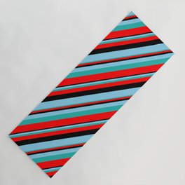 [ Thumbnail: Black, Sky Blue, Light Sea Green & Red Colored Lines/Stripes Pattern Yoga Mat ]