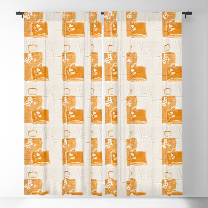Block Pattern Suitcases with Travel Stickers in Orange Blackout Curtain