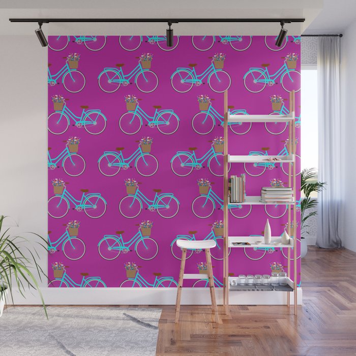 Bicycle with flower basket on purple Wall Mural