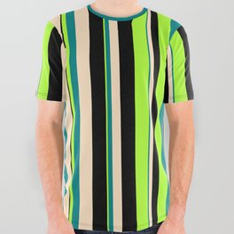 [ Thumbnail: Light Green, Teal, Bisque & Black Colored Lined/Striped Pattern All Over Graphic Tee ]