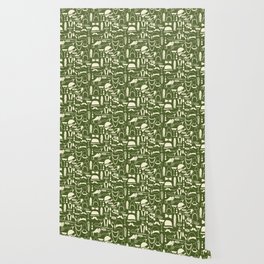 White Fashion 1920s Vintage Pattern on Dark Olive Green Wallpaper