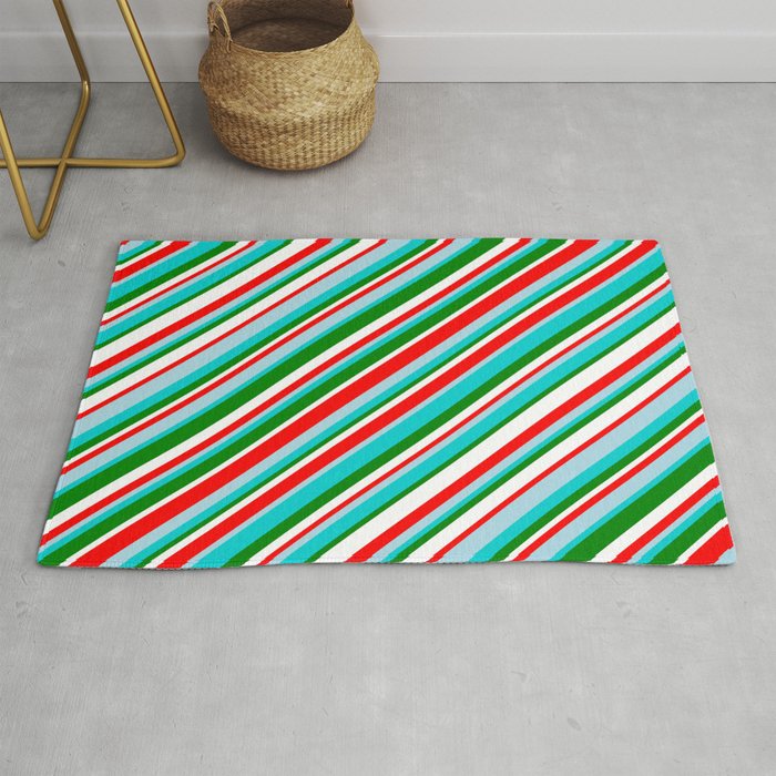 Vibrant Red, Light Blue, Dark Turquoise, Green & White Colored Striped Pattern Rug