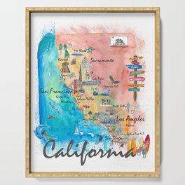 California Illustrated Map with Tourist Highlights and Roads 2nd Edition Serving Tray