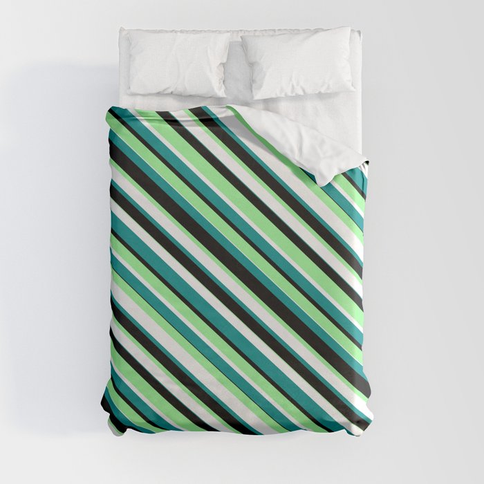 Green, White, Dark Cyan & Black Colored Striped/Lined Pattern Duvet Cover