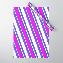 [ Thumbnail: Royal Blue, Mint Cream, Teal, and Fuchsia Colored Lined Pattern Wrapping Paper ]