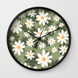 Flower Market London, Retro Daisies  Print, Green Ditsy Pattern Wall Clock