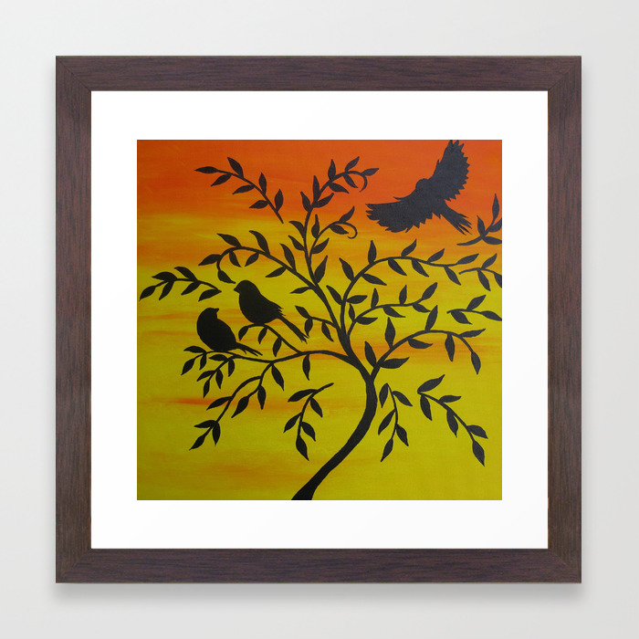 Orange And Yellow Tree Of Life Trees With Bird Birds Sunset Bright