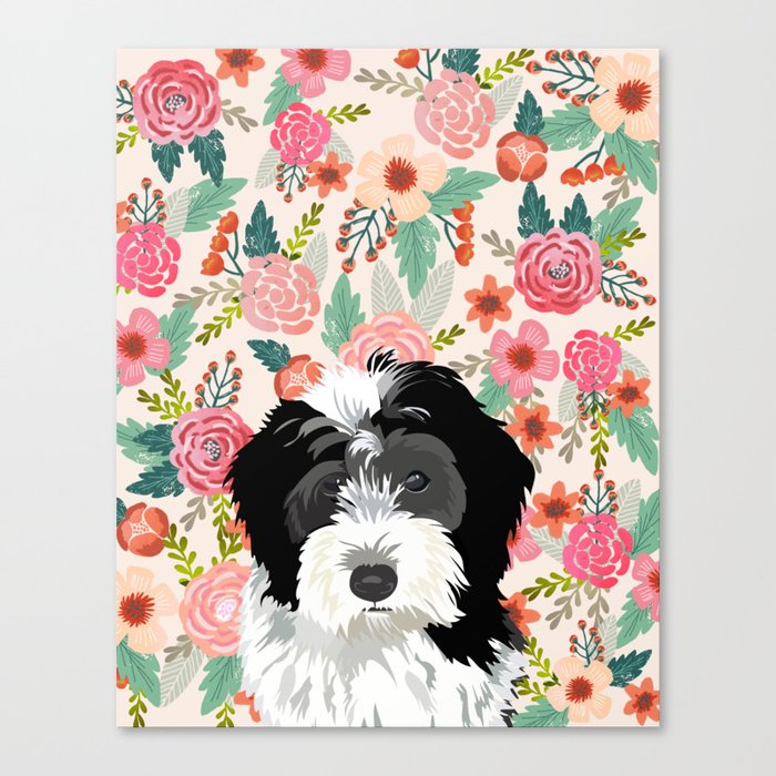 Bernedoodle floral pet portrait art print and dog gifts Canvas Print