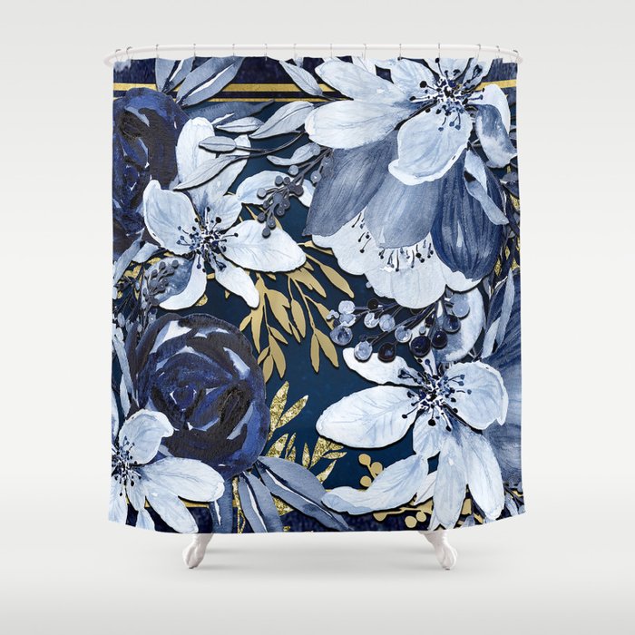 Navy Blue & Gold Watercolor Floral Shower Curtain by ...