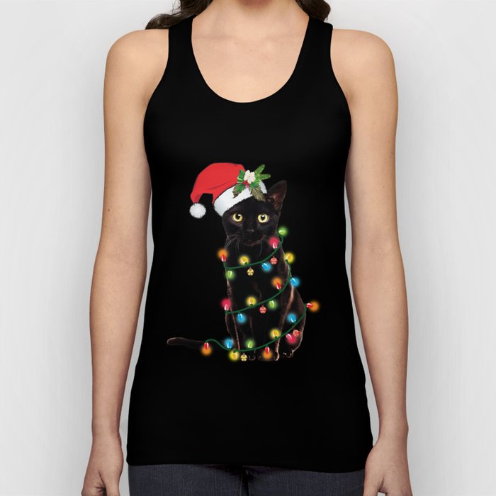 Santa Black Cat Tangled Up In Lights Christmas Santa Graphic Tank Top