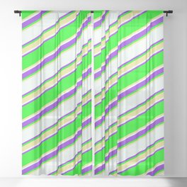 [ Thumbnail: Lime, Tan, Mint Cream & Purple Colored Lined Pattern Sheer Curtain ]