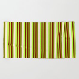 [ Thumbnail: Light Green, Dark Red, Green, and Beige Colored Lines Pattern Beach Towel ]