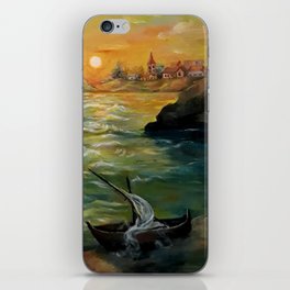 Vintage boath at the harbor painting iPhone Skin