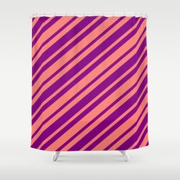 [ Thumbnail: Salmon and Purple Colored Pattern of Stripes Shower Curtain ]