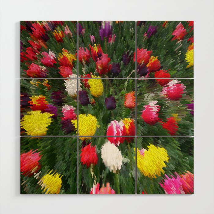 Colorful tulip garden pixel art Wood Wall Art